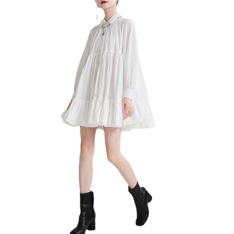 シャツワンピース ティアード裾フリル襟付きシャツワンピース