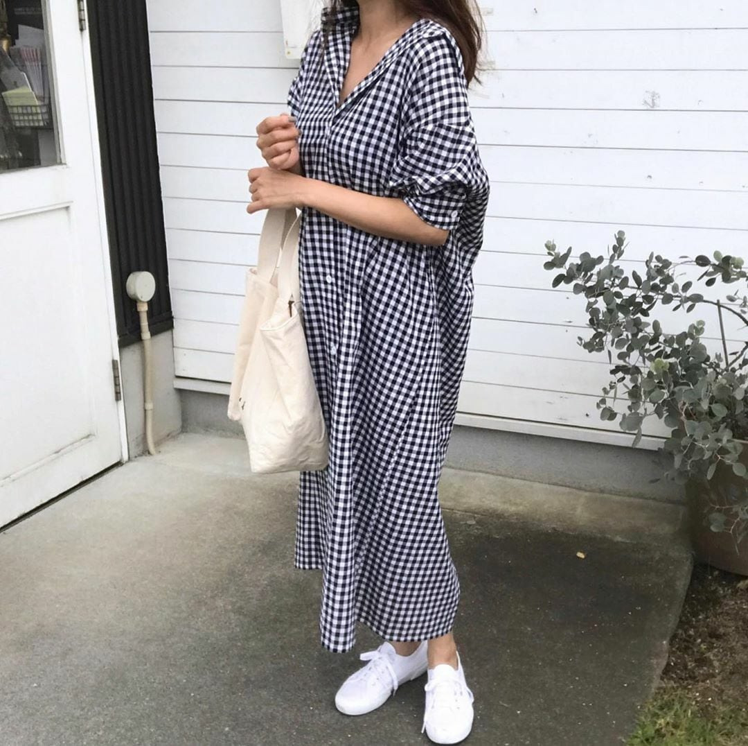 シャツワンピースチェック柄 ロング丈ワンピース