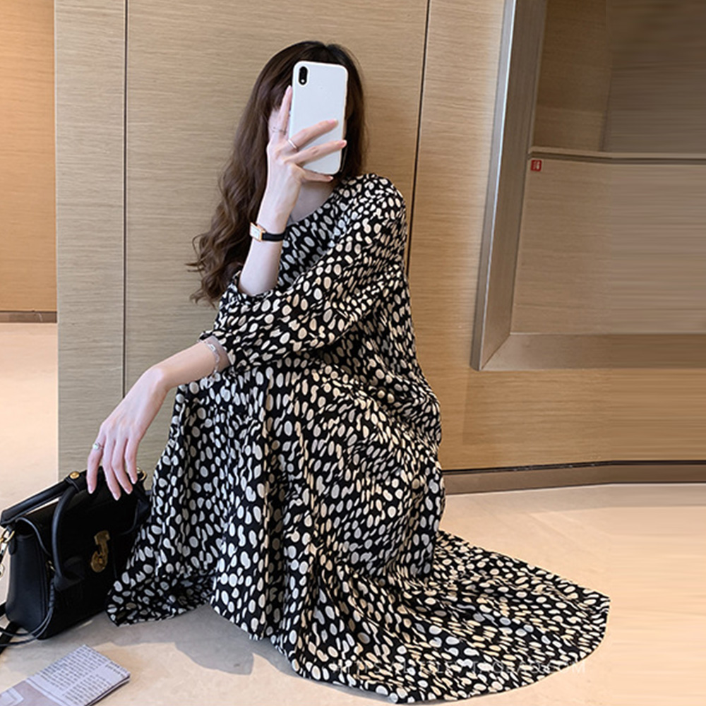 シャツワンピース ドット柄シフォン長袖ワンピース レディースロング丈