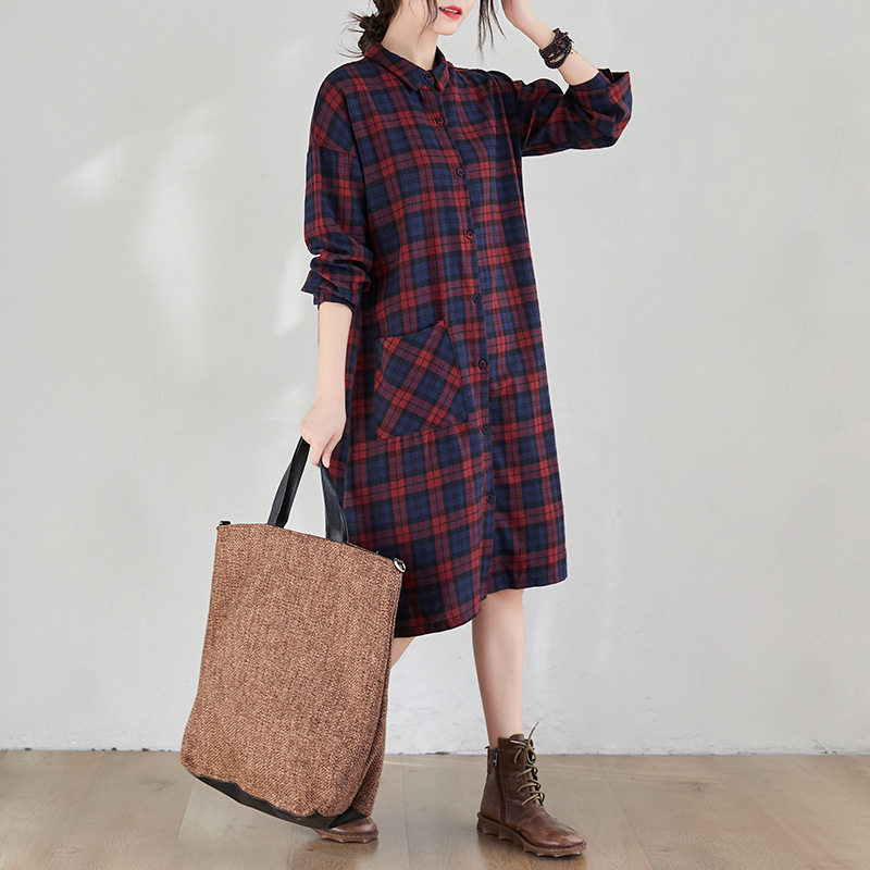 コットンチェック柄シャツワンピース秋冬長袖