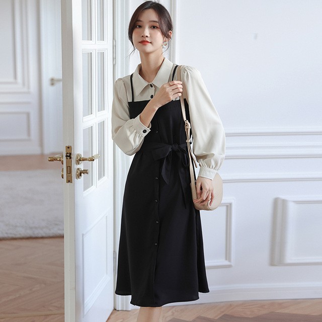 シャツワンピース長袖膝丈重ね着風