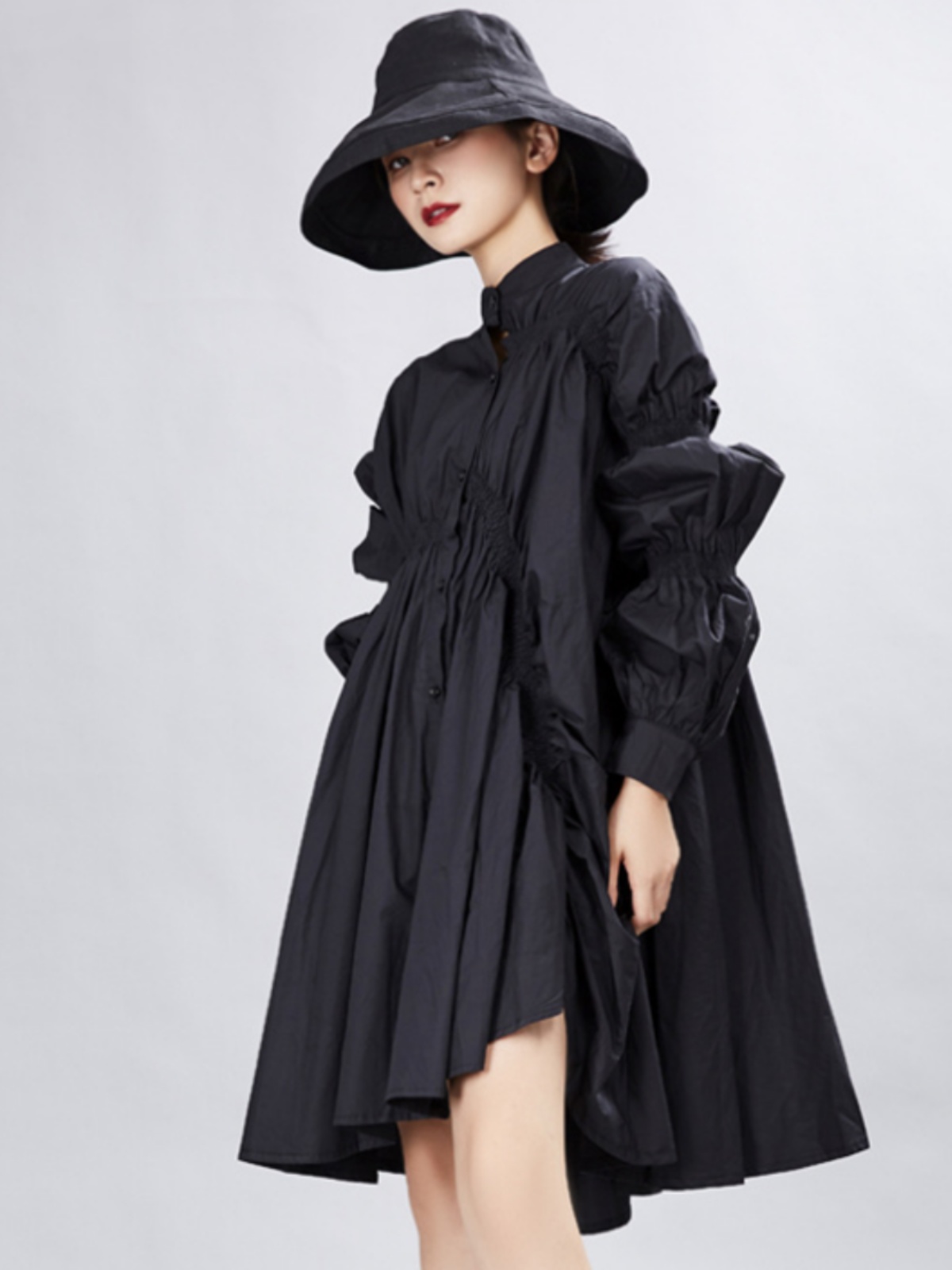 シャツワンピース 立体ギャザー袖のふんわりシャツワンピース