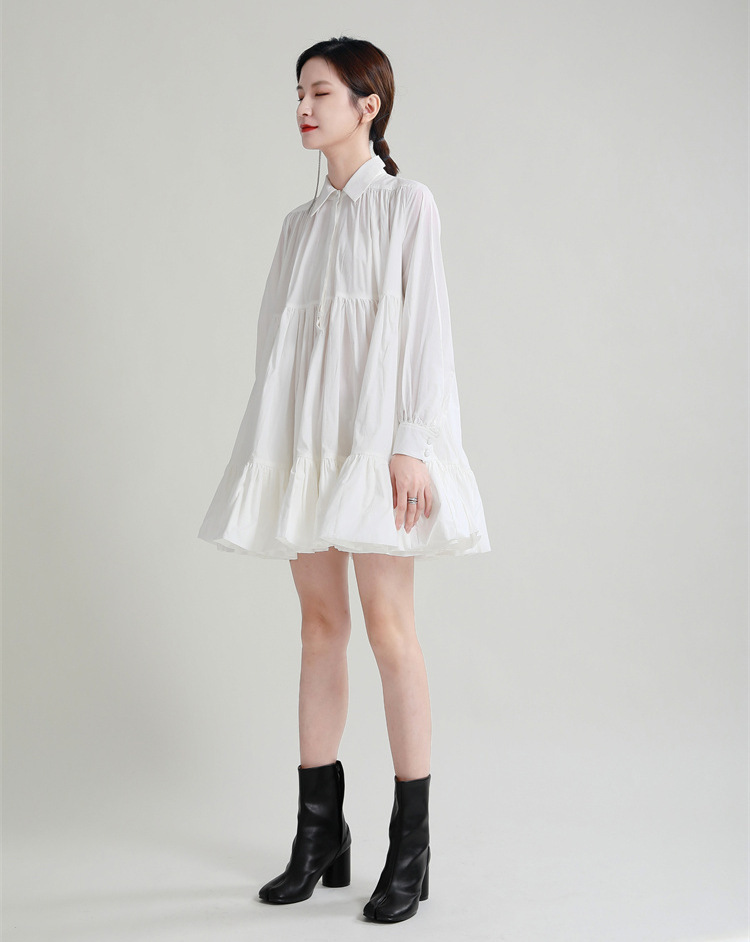 シャツワンピース ティアード裾フリル襟付きシャツワンピース