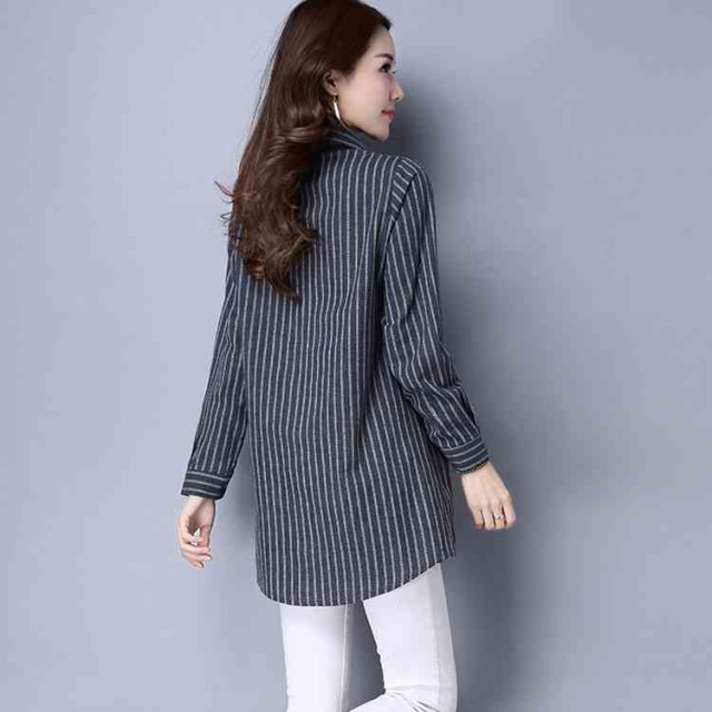 コットン混ストライプシャツワンピース長袖レディース