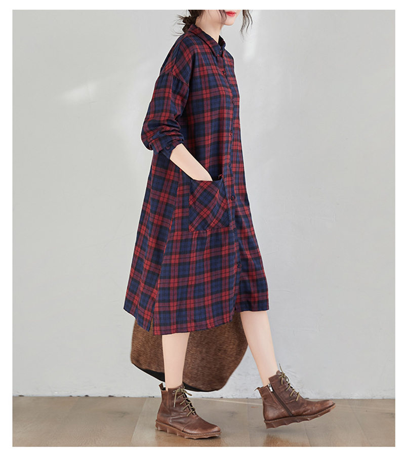 コットンチェック柄シャツワンピース秋冬長袖