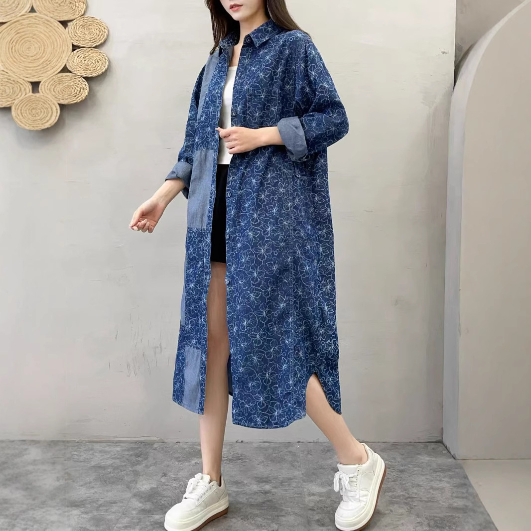 シャツワンピース デニム風切替デザインロング丈シャツワンピース