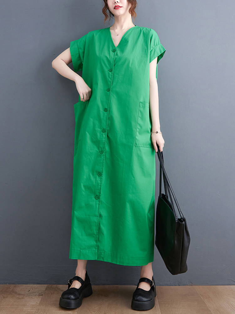 コットン シャツワンピース レディース ロング丈 半袖