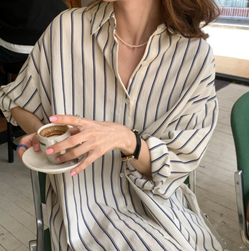 シャツワンピース縦縞柄長袖ワンピース