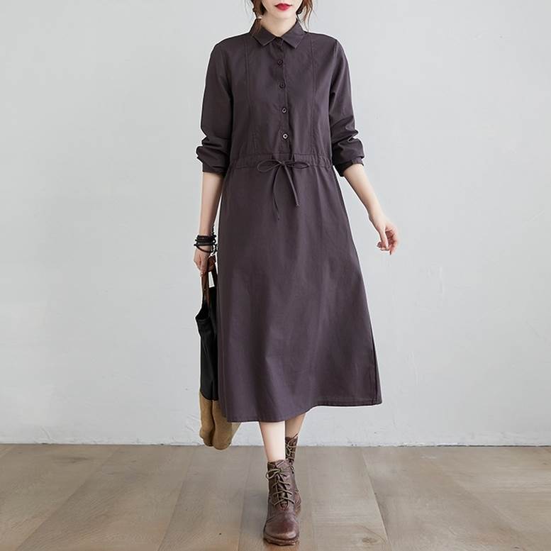 リネン風シャツワンピース長袖襟付きロング丈