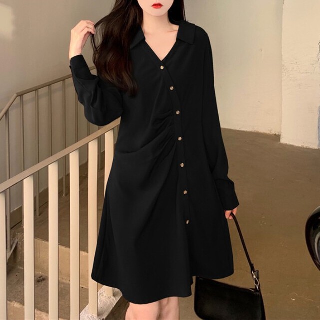 リネン風シャツワンピース レディース長袖ブラウン