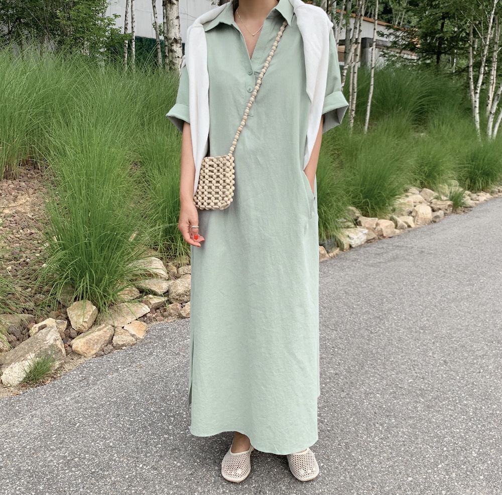 シャツワンピース半袖 ロング丈 大人女子ワンピース