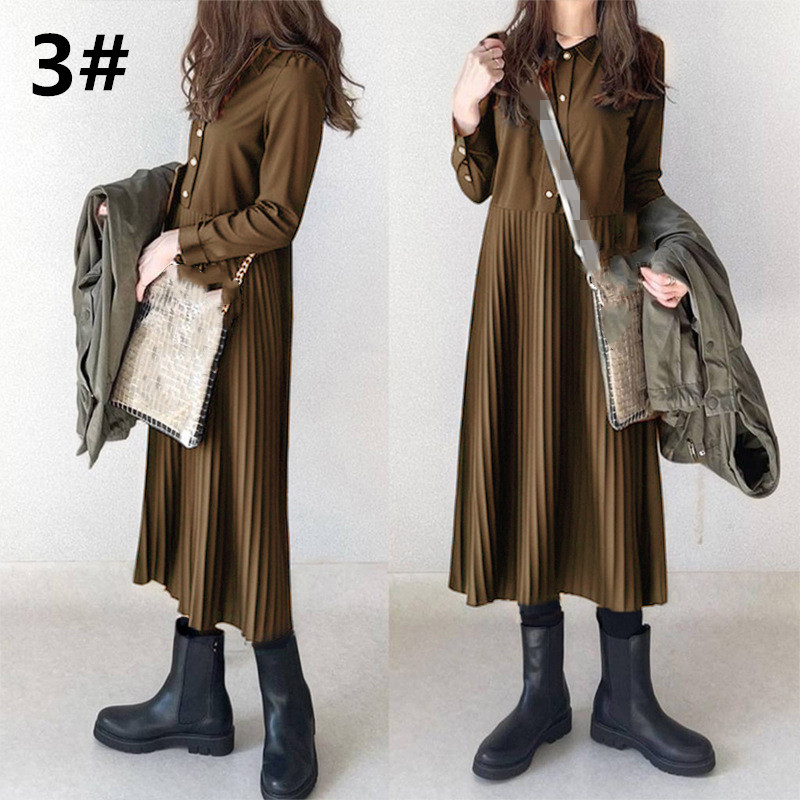 コットン混シャツワンピース レディース 長袖 ロング丈 プリーツスカート 秋新作
