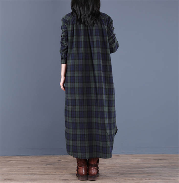 コットンチェック柄シャツワンピース長袖ロング丈