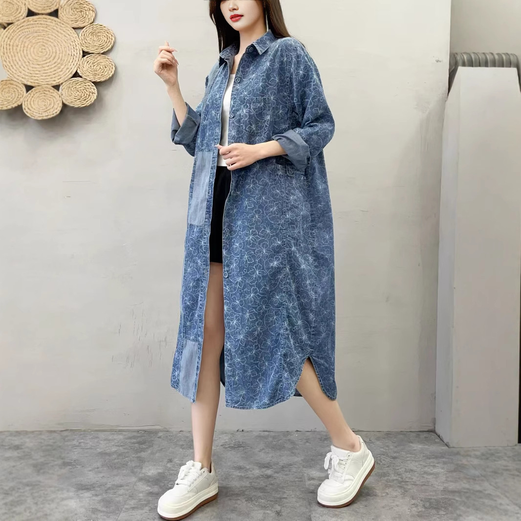 シャツワンピース デニム風切替デザインロング丈シャツワンピース