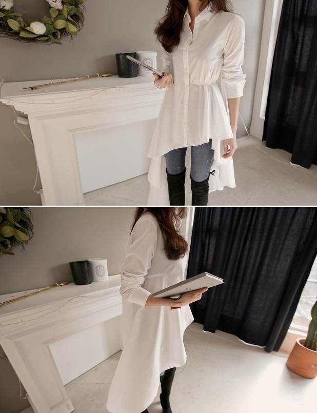 コットン素材レディース襟付き長袖シャツワンピース