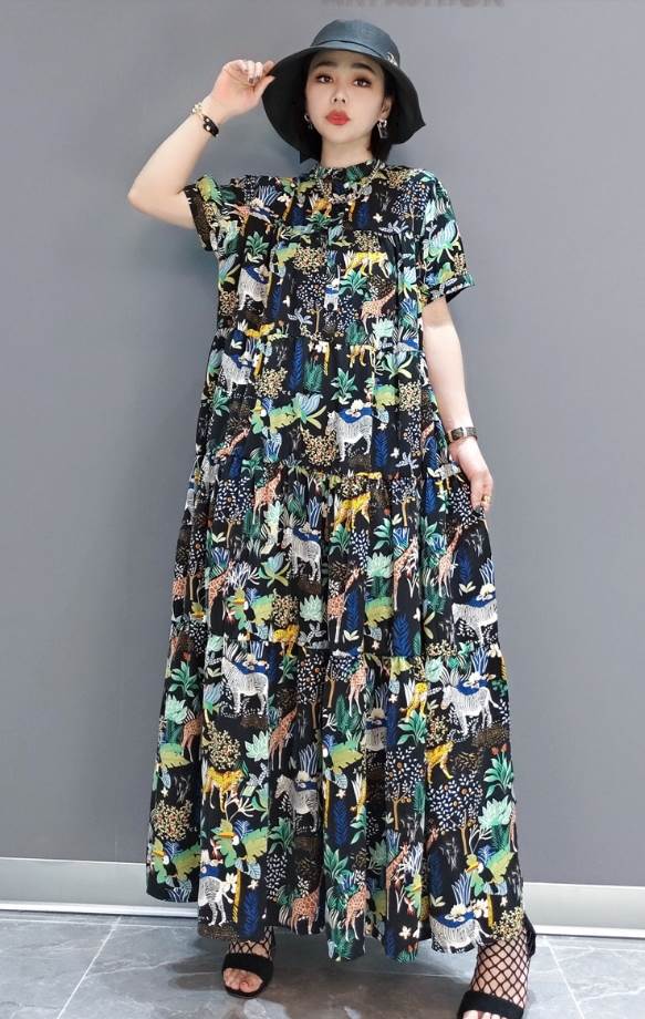 コットン動物柄ティアードシャツワンピース