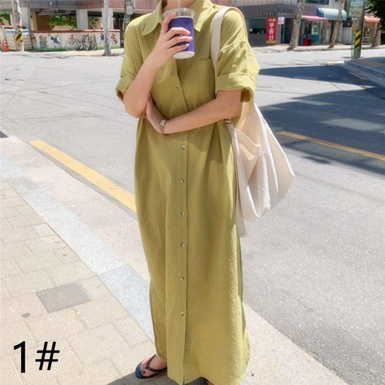 シャツワンピース ロング丈 半袖ワンピース