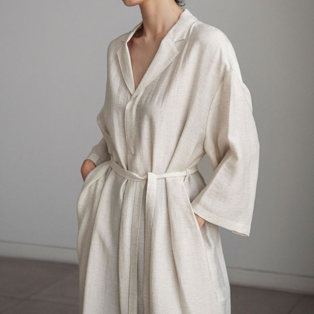 リネン長袖シャツワンピース ロング丈