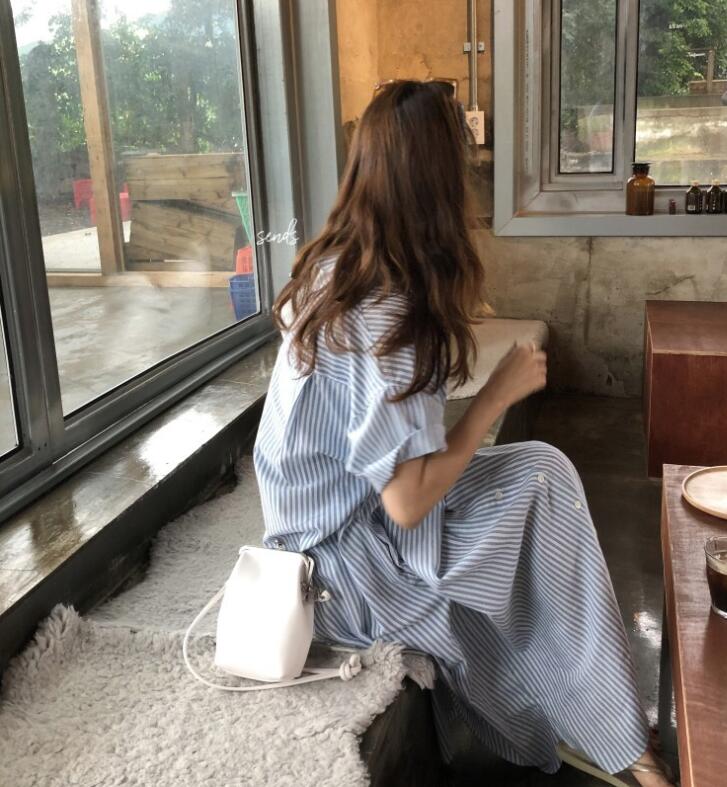 シャツワンピースエレガントストライプロングワンピース