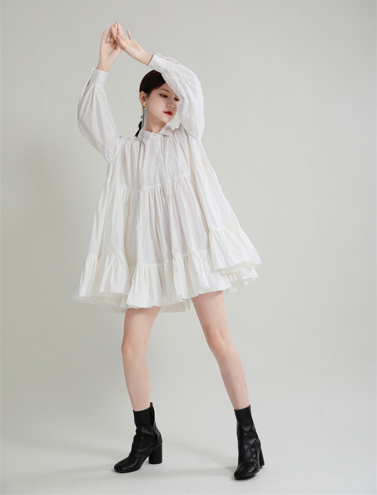 シャツワンピース ティアード裾フリル襟付きシャツワンピース