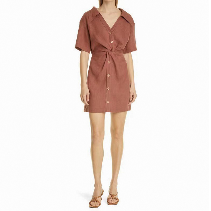シャツワンピース ウエストツイスト半袖シャツワンピース