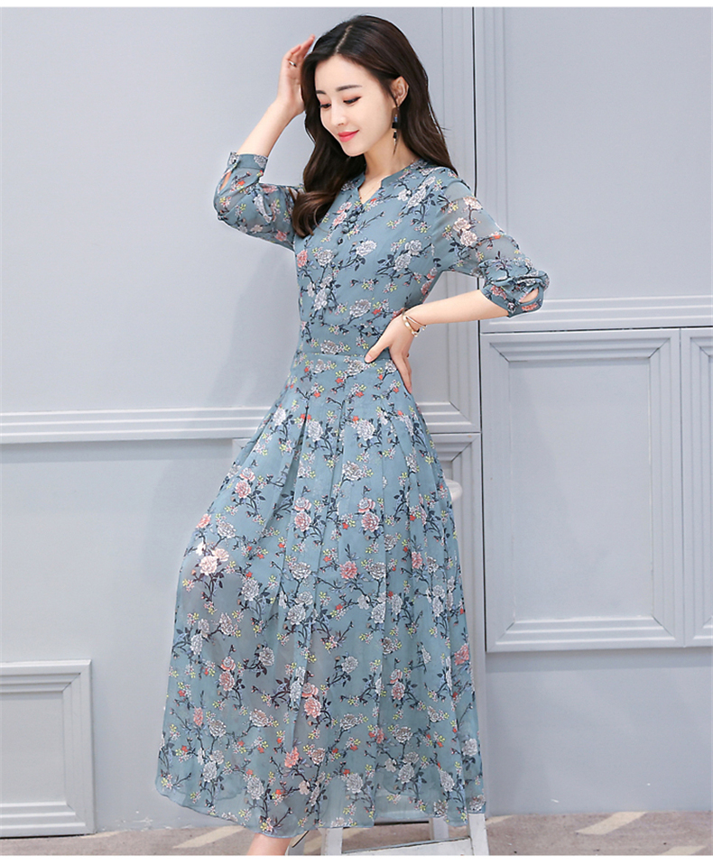シャツワンピース 花柄シフォン長袖シャツワンピース
