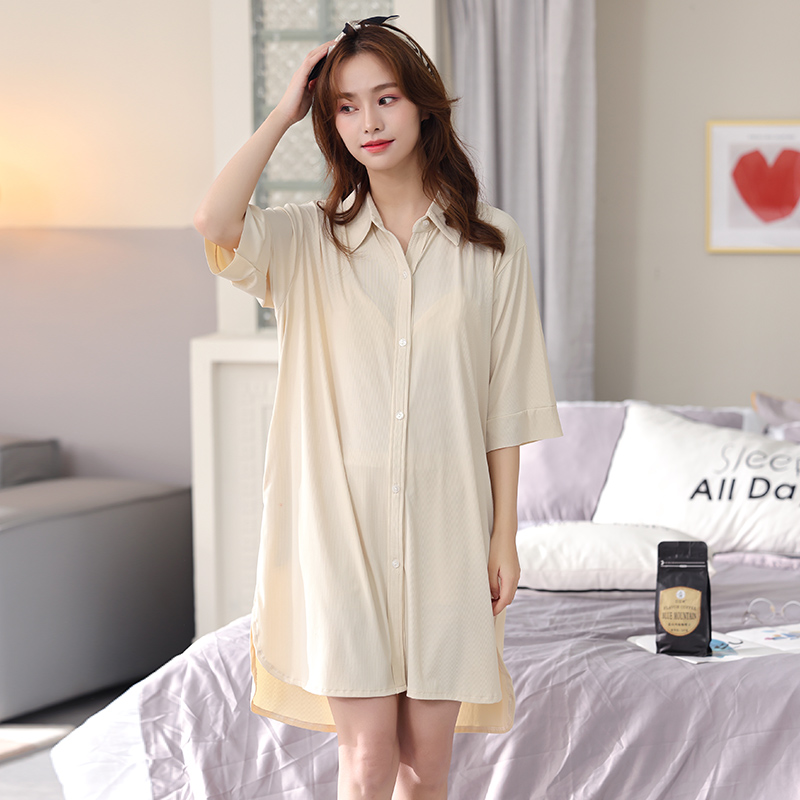 シャツワンピース 襟付き七分袖ゆったりシャツワンピース