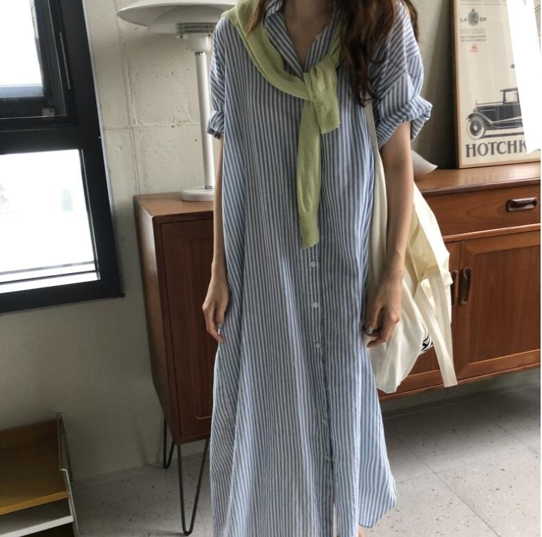 シャツワンピースエレガントストライプロングワンピース