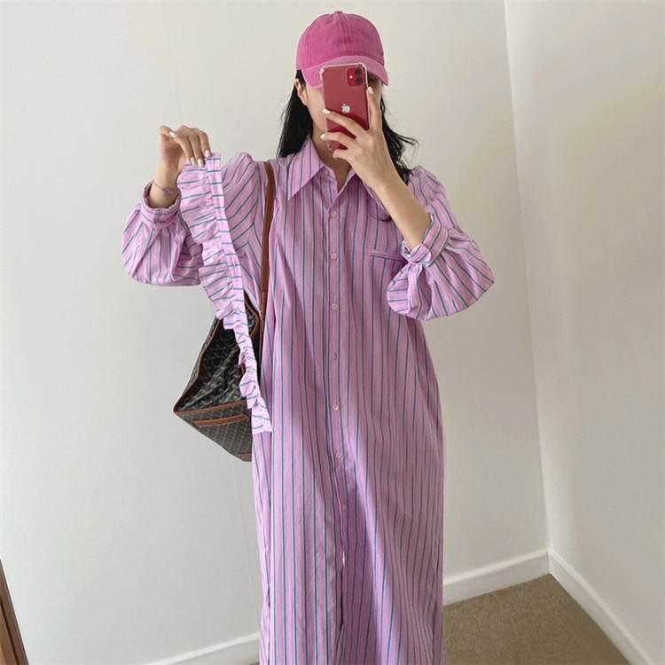 ゆったりパフスリーブストライプシャツワンピース長袖