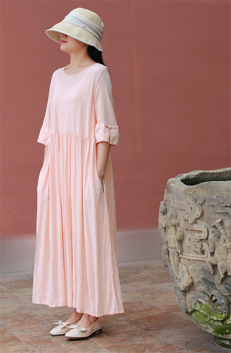 綿混素材ゆったり七分袖シャツワンピース