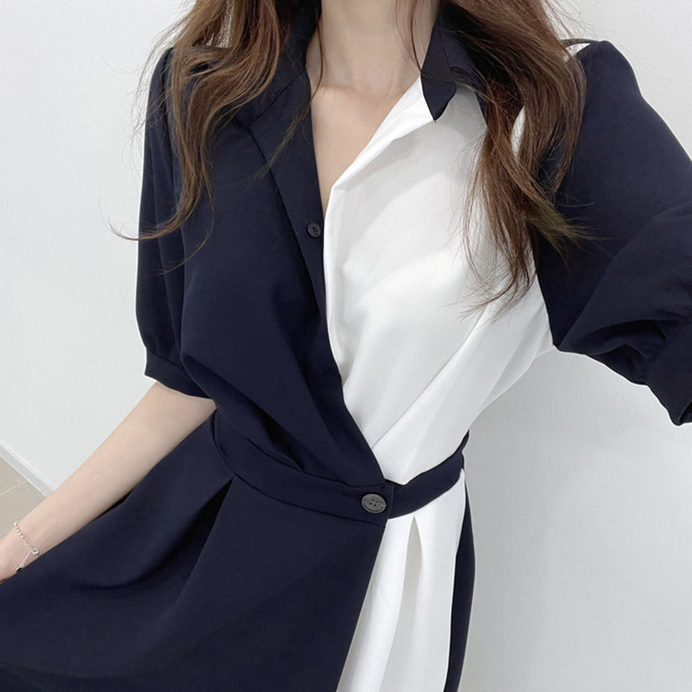 配色シャツワンピース ロング レディース 韓国風