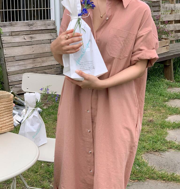 シャツワンピース日系麻綿混ロングワンピース