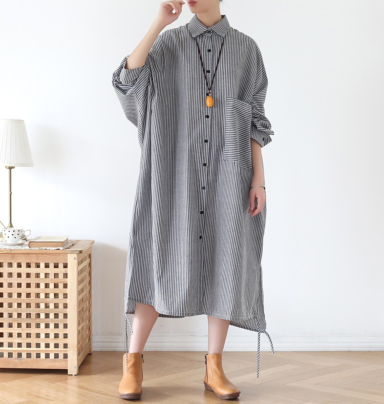 シャツワンピース細見えストライプワンピース