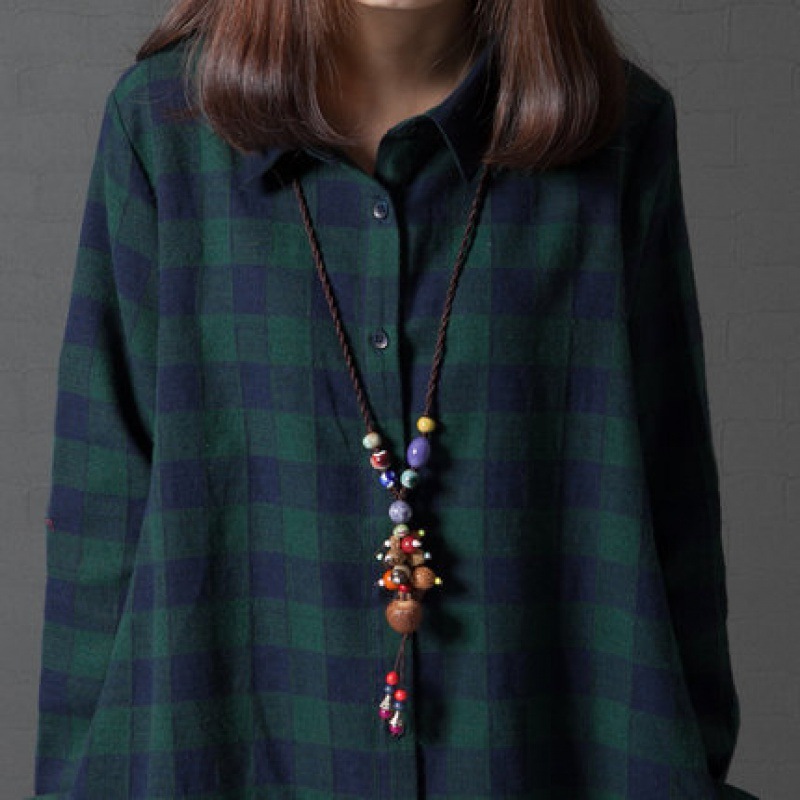 シャツワンピース 格子柄ゆったりシルエット長袖シャツワンピース