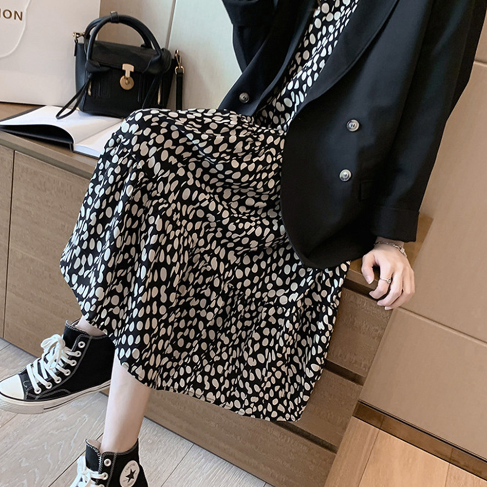 シャツワンピース ドット柄シフォン長袖ワンピース レディースロング丈