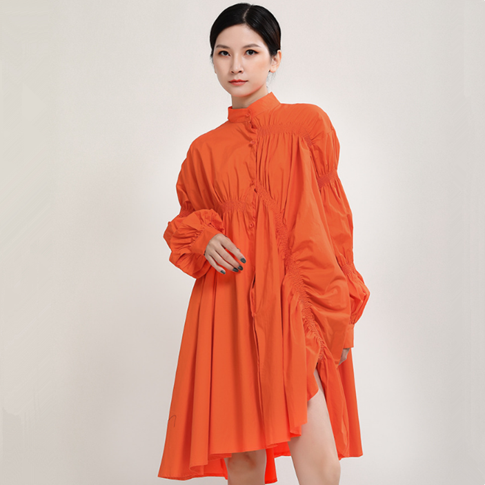 シャツワンピース 立体ギャザー袖のふんわりシャツワンピース