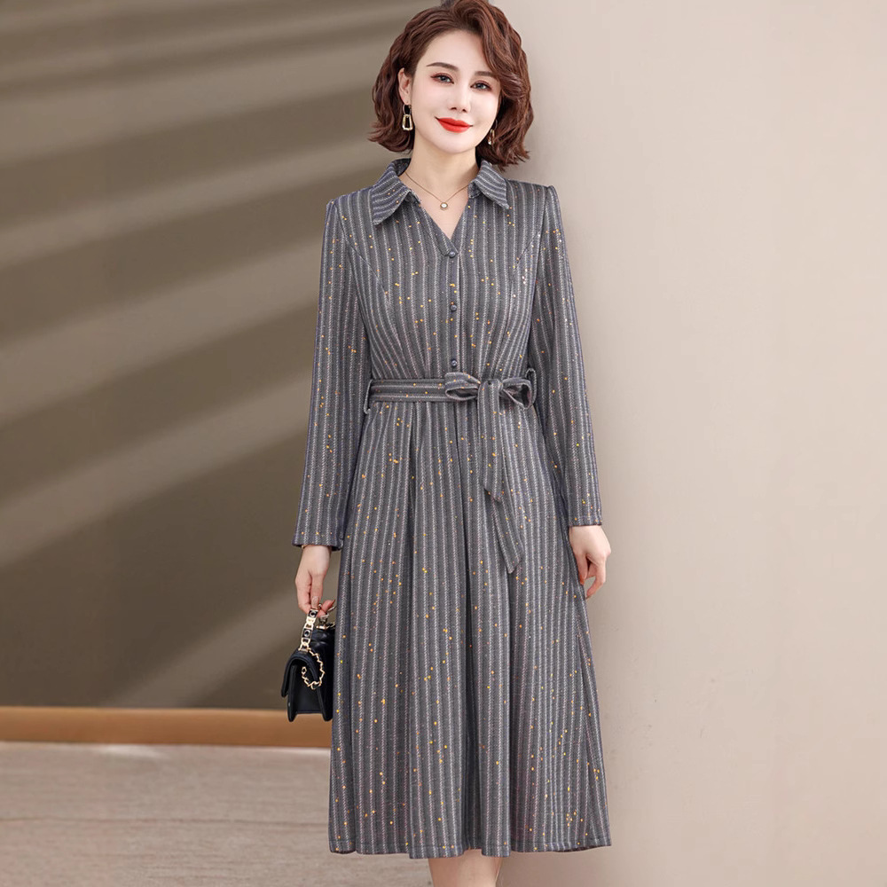 シャツワンピース 縦縞柄ウエストリボンベルト付きシャツワンピース