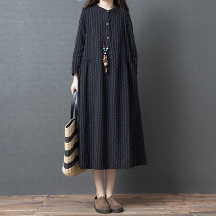 リネン縦縞シャツワンピース長袖ゆったり体型カバー