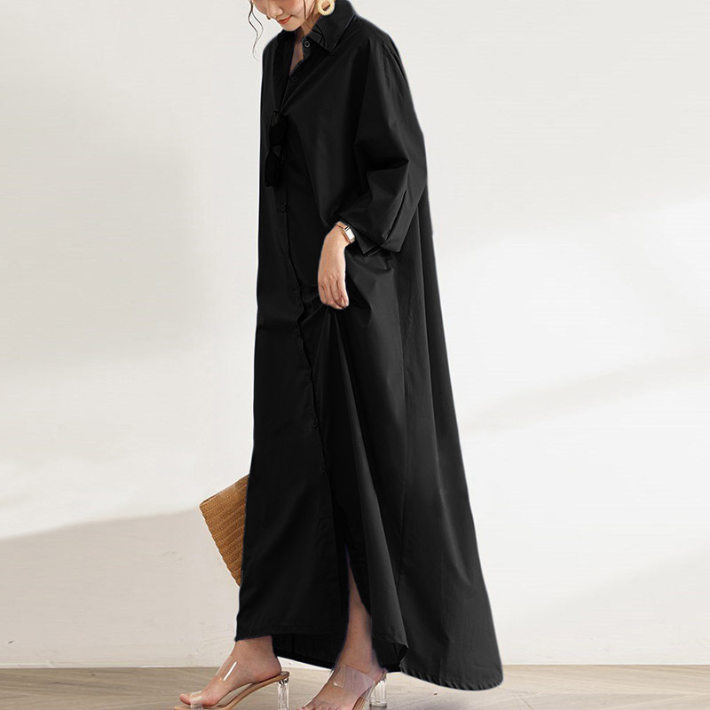 シャツワンピースゆったりロング丈 体型カバー カジュアルワンピース