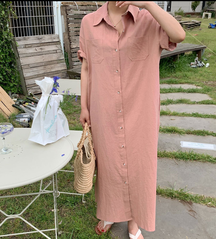 リネン シャツワンピース レディース ロング丈 体型カバー 大きいサイズ対応