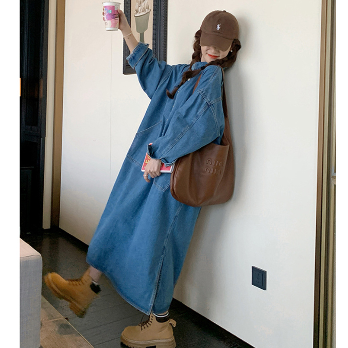 シャツワンピースデニム大きめポケットワンピース