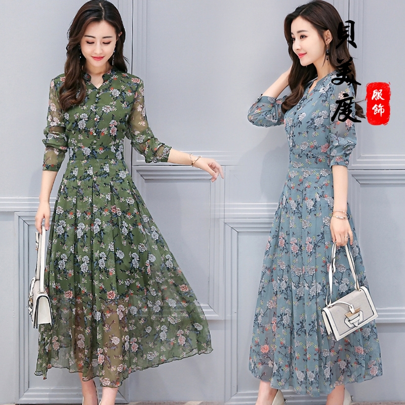 シャツワンピース 花柄シフォン長袖シャツワンピース