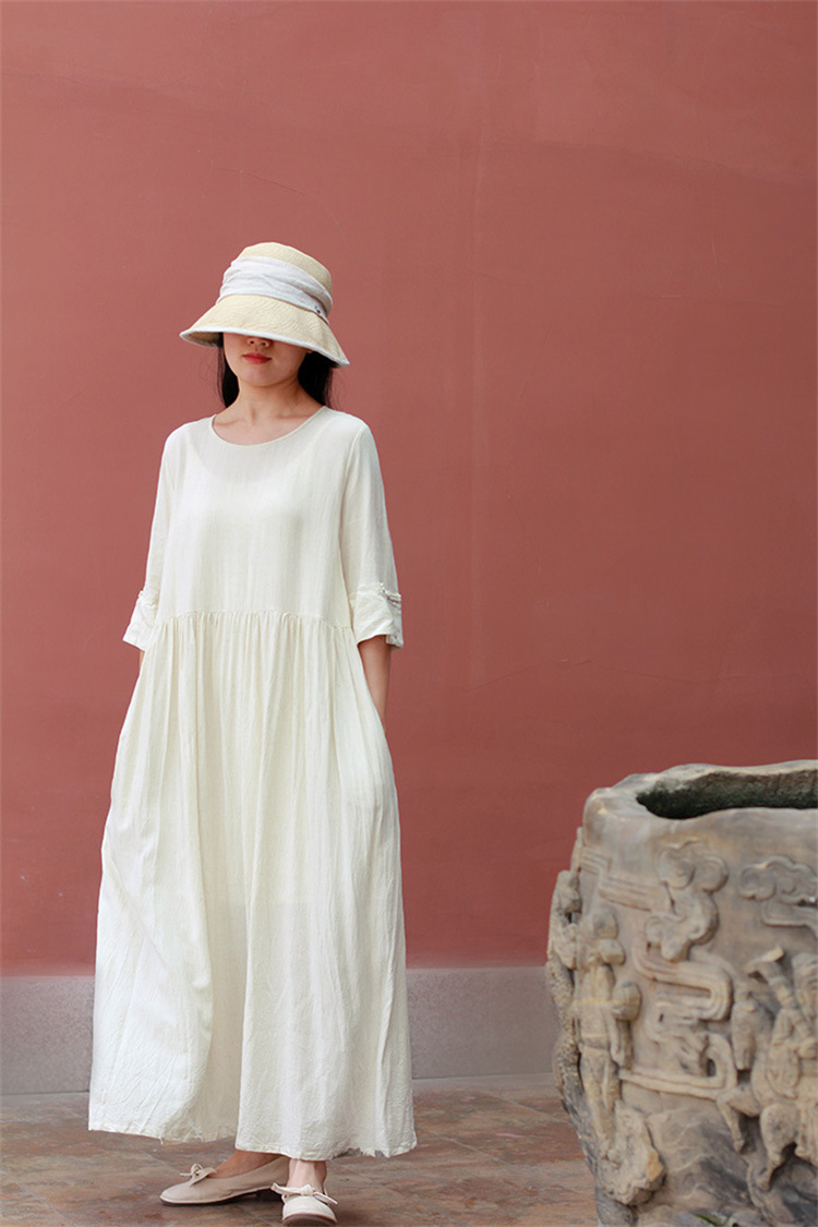 綿混素材ゆったり七分袖シャツワンピース