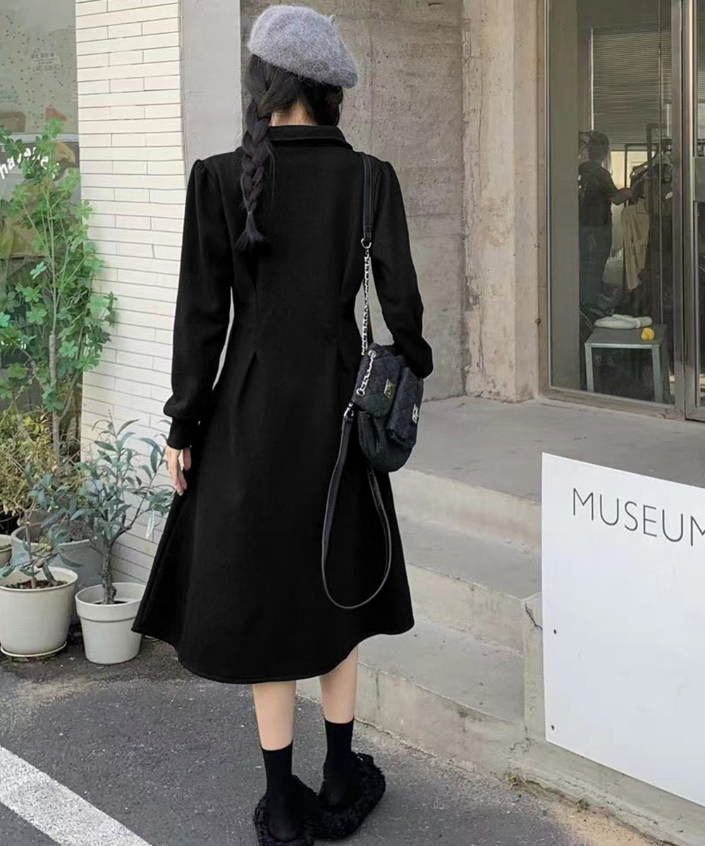 襟付き長袖ハーフ開きシャツワンピース・ウエスト切替その他