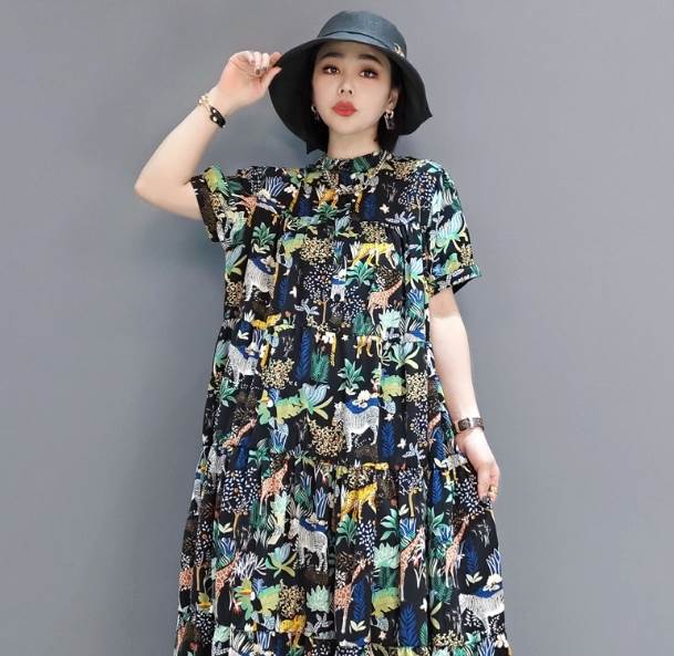 コットン動物柄ティアードシャツワンピース