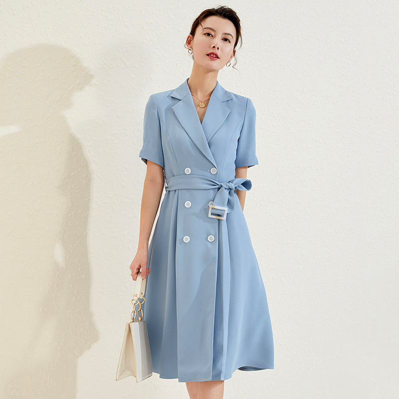 シャツワンピース テーラード襟ダブルボタン半袖ワンピース