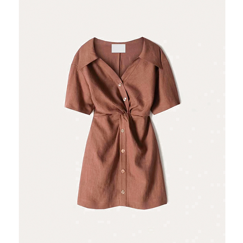 シャツワンピース ウエストツイスト半袖シャツワンピース