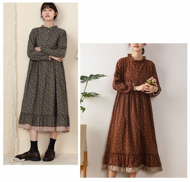 花柄長袖シャツワンピース その他ロング丈