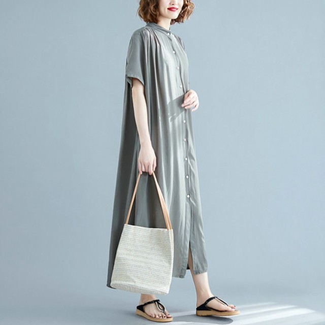 リネン素材 ボリューム袖シャツワンピース ロング丈