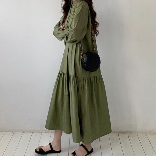 リネン長袖シャツワンピース春新作ロング丈